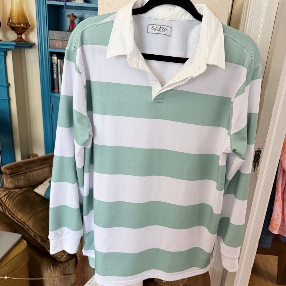 Sugar Bee Striped Rugby Shirt Mint Green White L